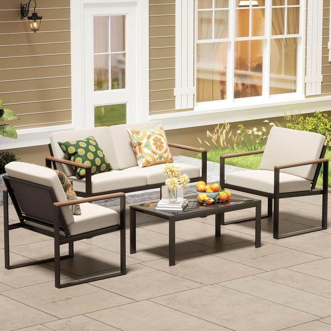 4 Piece Metal Outdoor Patio Conversation With Cushions