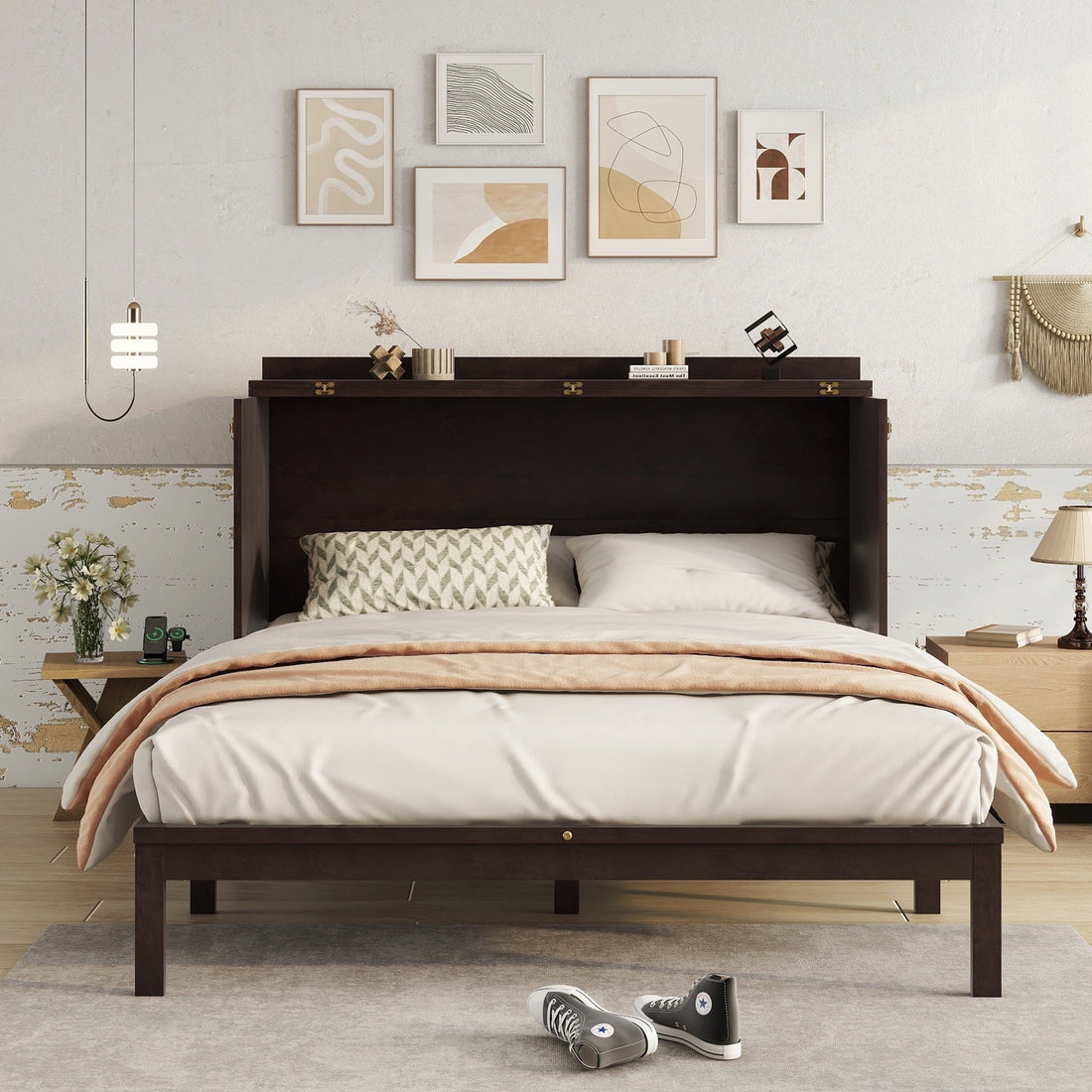 Queen Size Murphy Bed, Pine Wood with Power Station and Rattan Decoration Panel - Espresso
