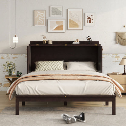 Queen Size Murphy Bed, Pine Wood with Power Station and Rattan Decoration Panel - Espresso
