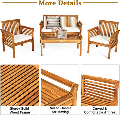 Outdoor Acacia Wood 4 Piece Chat Set With Off-White Cushions and Coffee Table