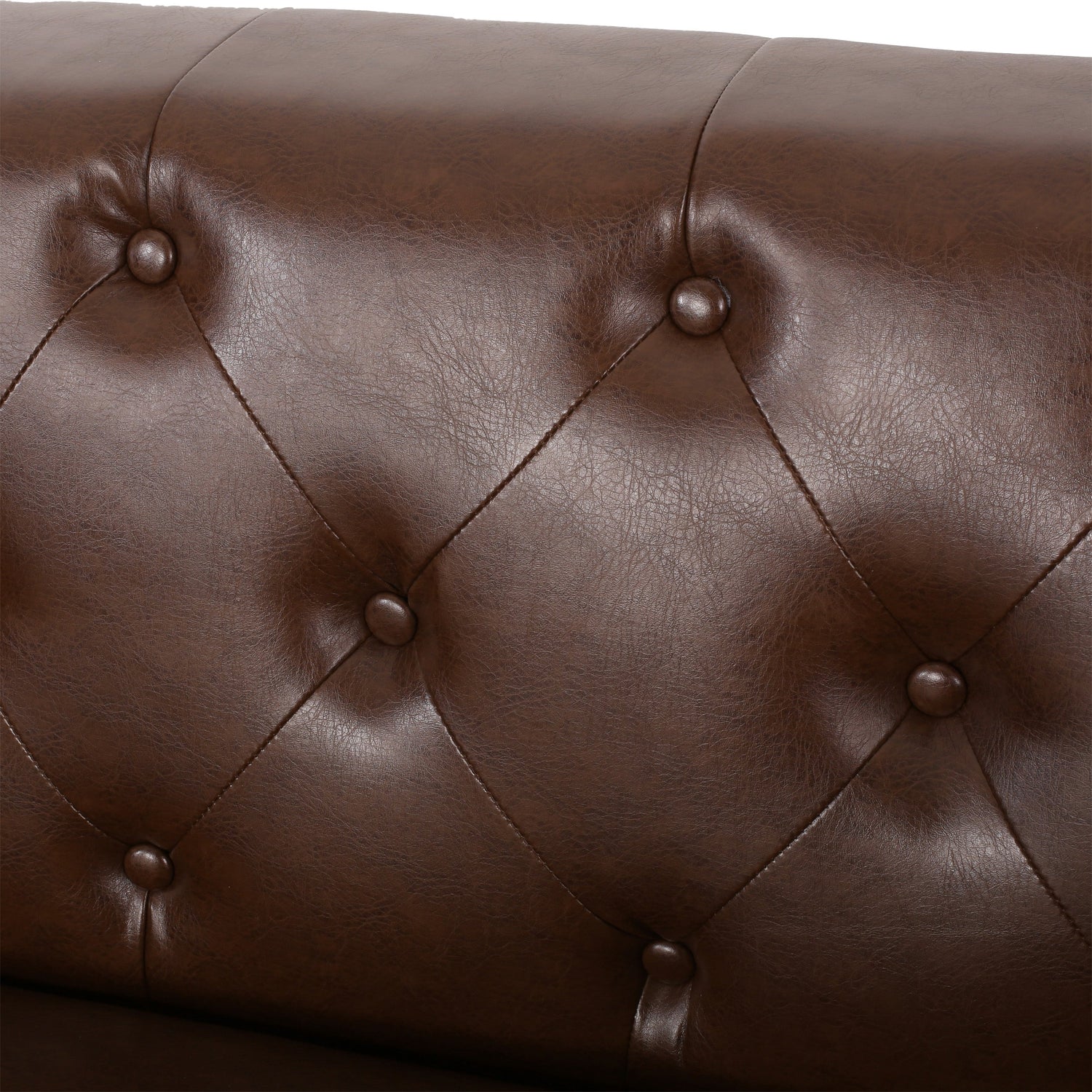 Contemporary 3-Seater Sofa with Tufted Diamond Stitch and Rolled Accent Pillows in Dark Brown Faux Leather