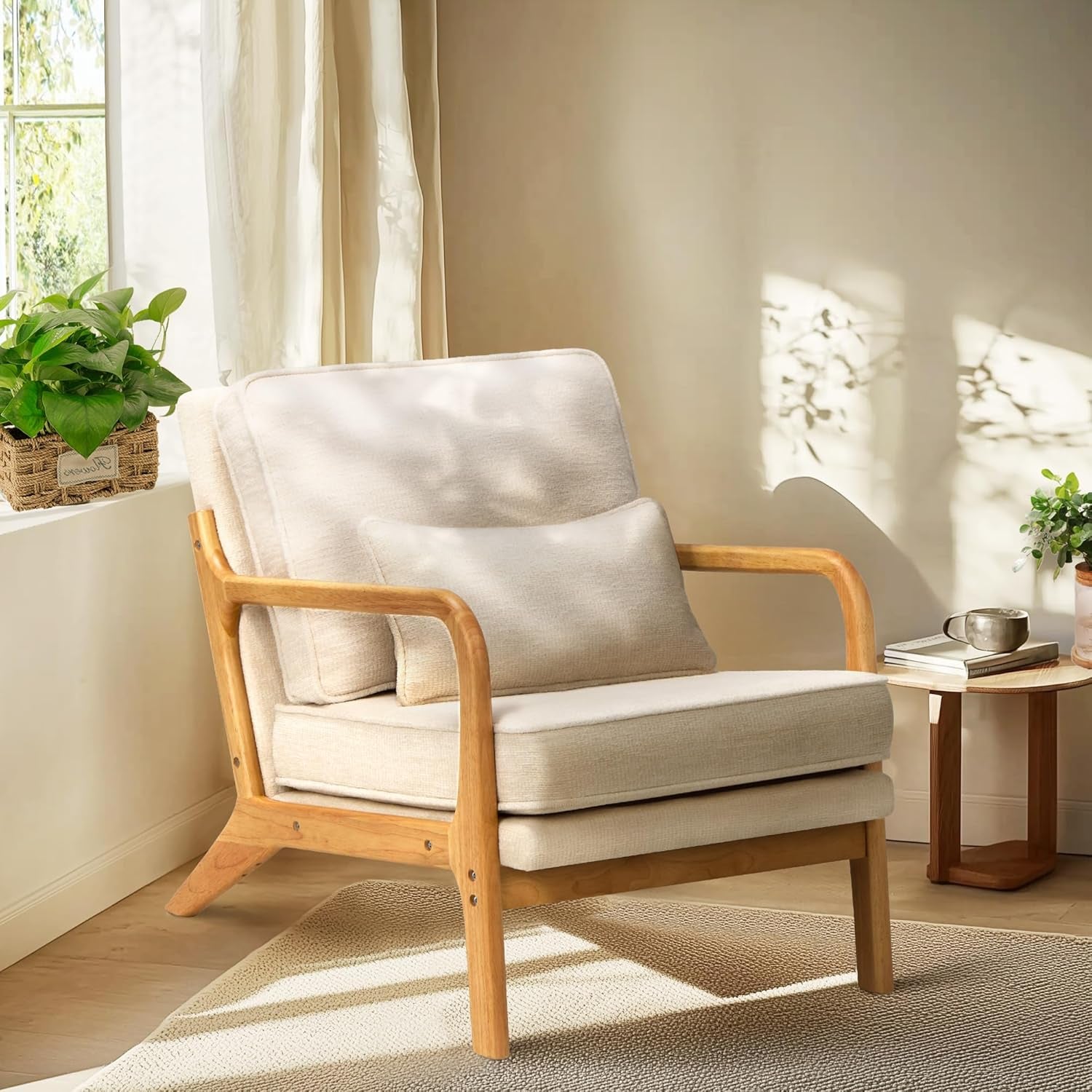 Set of 2 Beige Upholstered Accent Chairs With Pillows