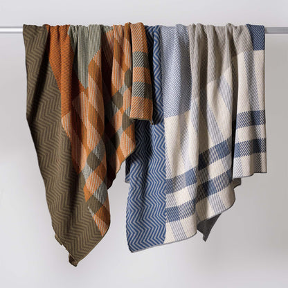 Patchwork Herringbone - Cotton Sustainable Knit Plaid Solid Throw Blanket