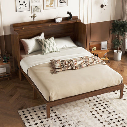 Queen Size Murphy Bed, Pine Wood with Power Station and Rattan Decoration Panel - Walnut
