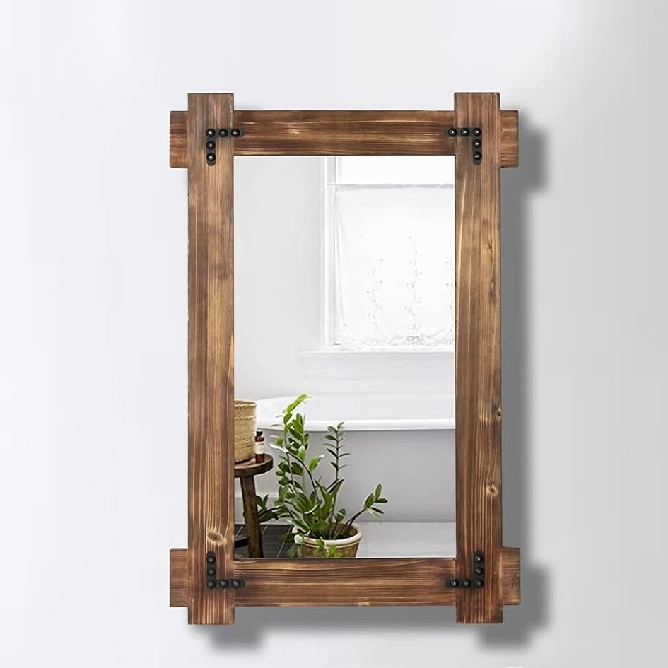 20x30 Rustic Wood Mirror For Bath With Black Metal Accents