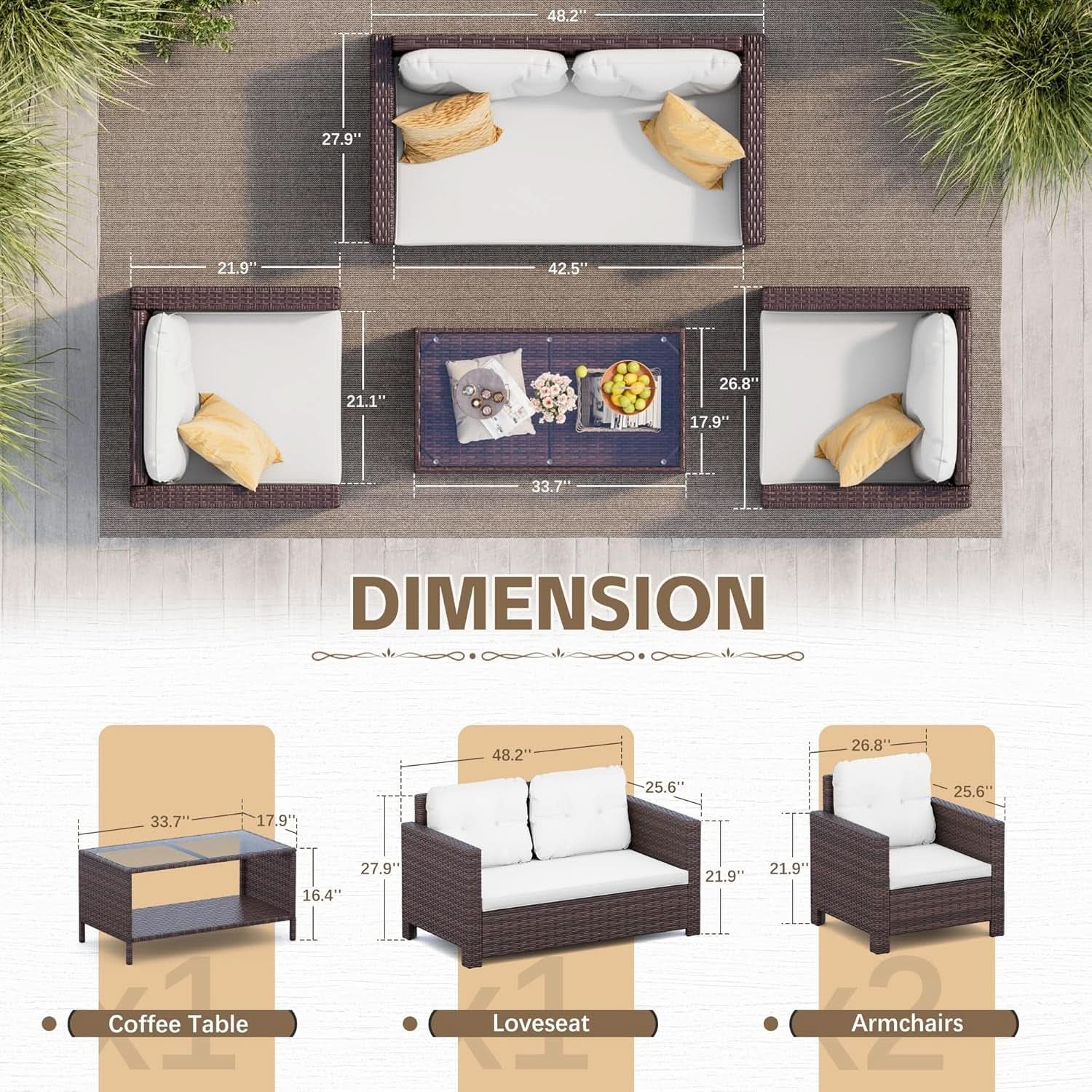 4 Piece Patio Rattan Furniture Set - Dark Brown/Beige