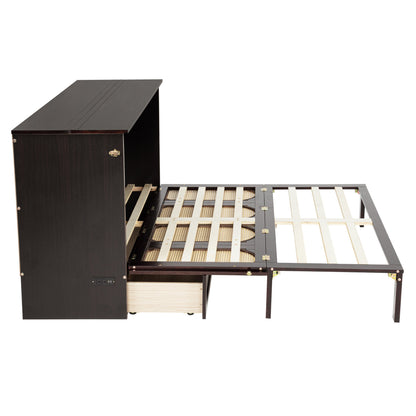 Queen Size Murphy Bed, Pine Wood with Power Station and Rattan Decoration Panel - Espresso