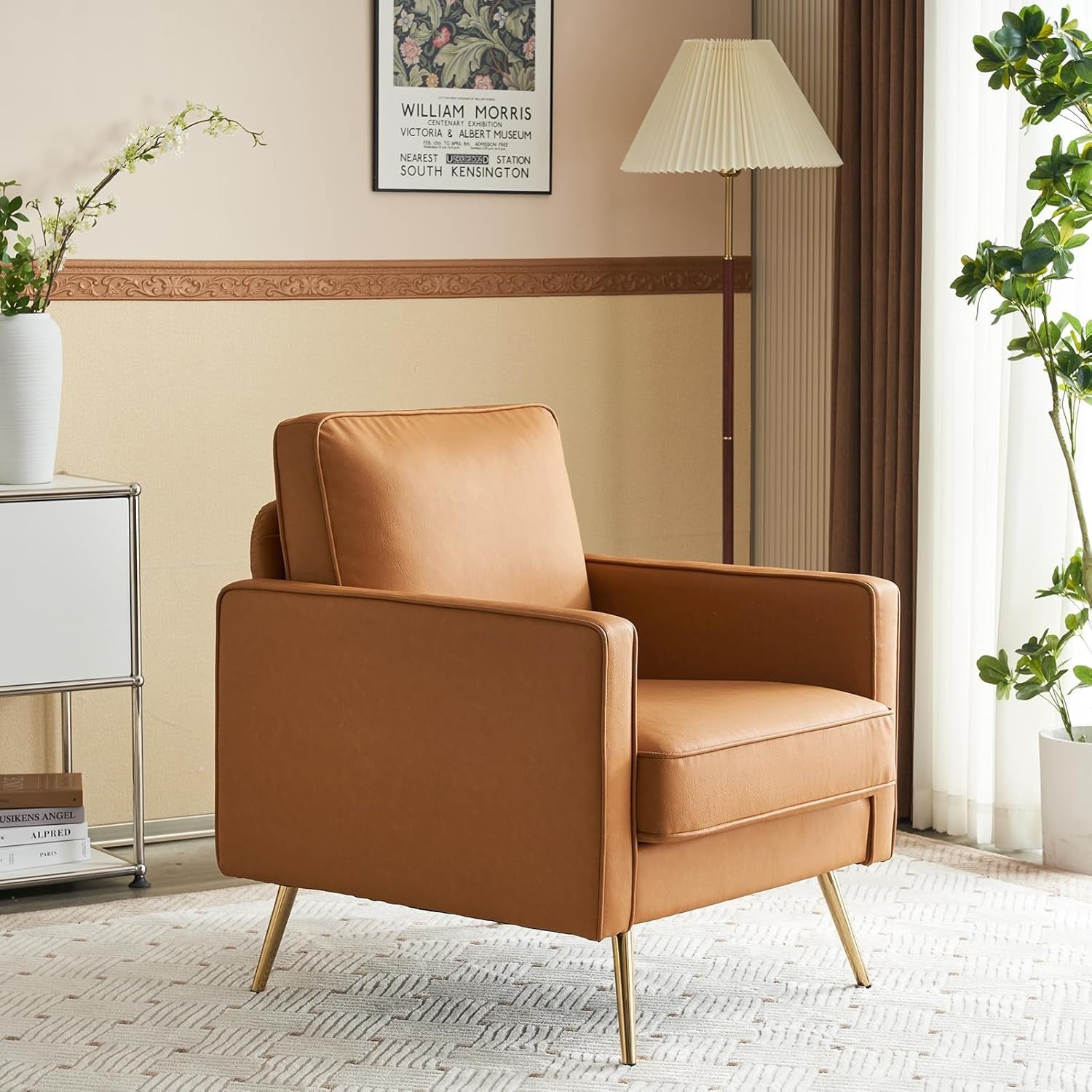 Brown PU Leather Accent Chairs With Gold Legs - 2 pc Set