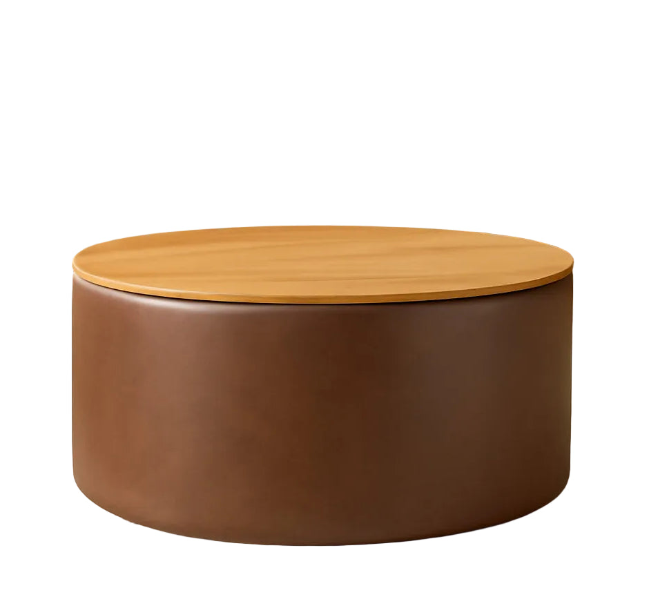 Polyester Upholstered Brown Wood Top Storage Ottoman