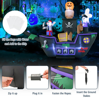 7 Ft Long Halloween Inflatable Pirate Ship with LED Lights