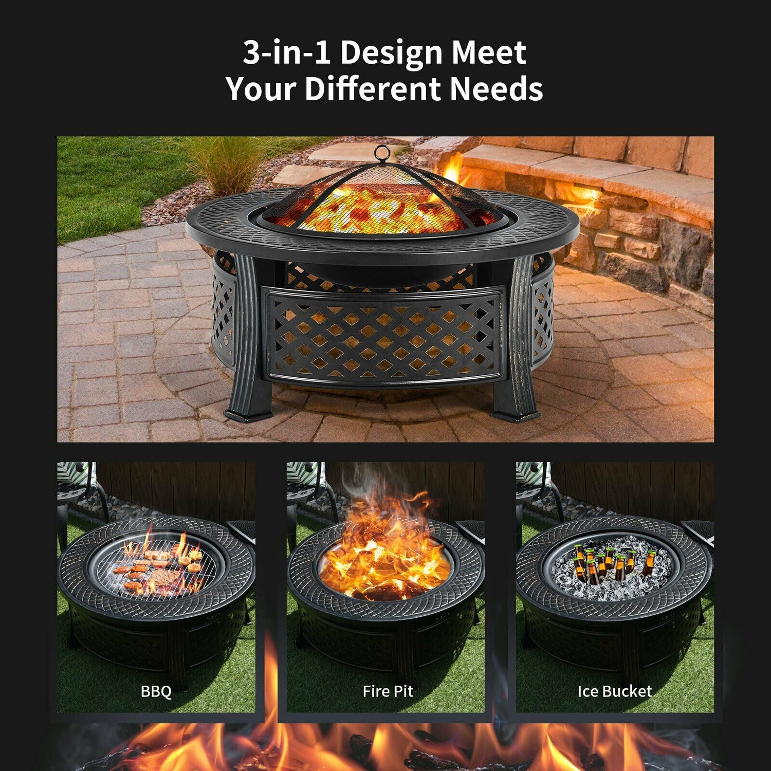 Outdoor Fire Pit with BBQ Grill and High-Temp Resistance Finish