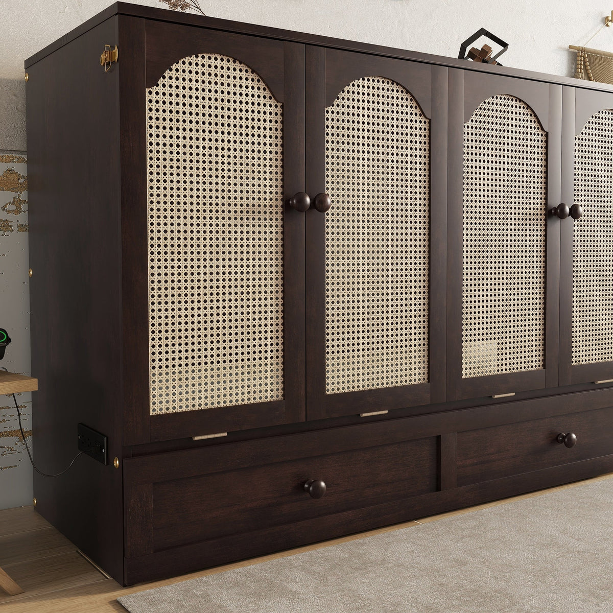 Queen Size Murphy Bed, Pine Wood with Power Station and Rattan Decoration Panel - Espresso