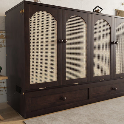 Queen Size Murphy Bed, Pine Wood with Power Station and Rattan Decoration Panel - Espresso