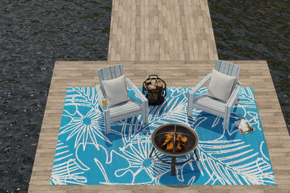 Palm Leaf Turquoise White Outdoor Mat