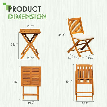 3 Piece Outdoor Folding Bistro Set With Cushions -  Acacia Wood