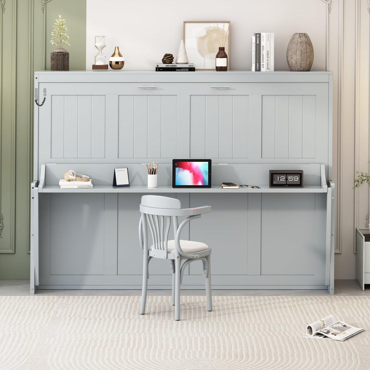 Queen Size Murphy Bed with Hydraulic Lift &amp; Desk Design - Gray