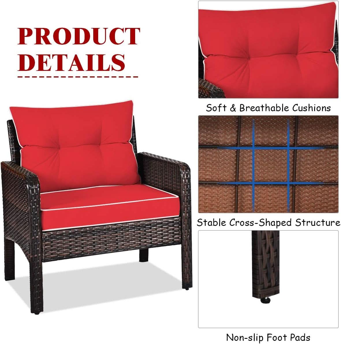 3 Piece Wicker Patio Conversation Set With Red Cushions