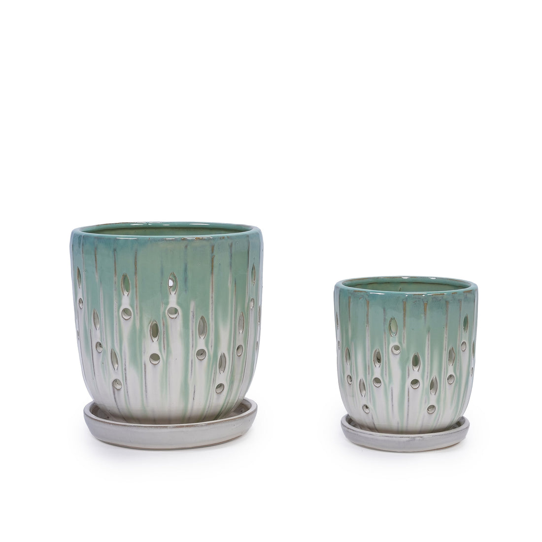 Set of 2 Ceramic Flowerpots - White/Aqua