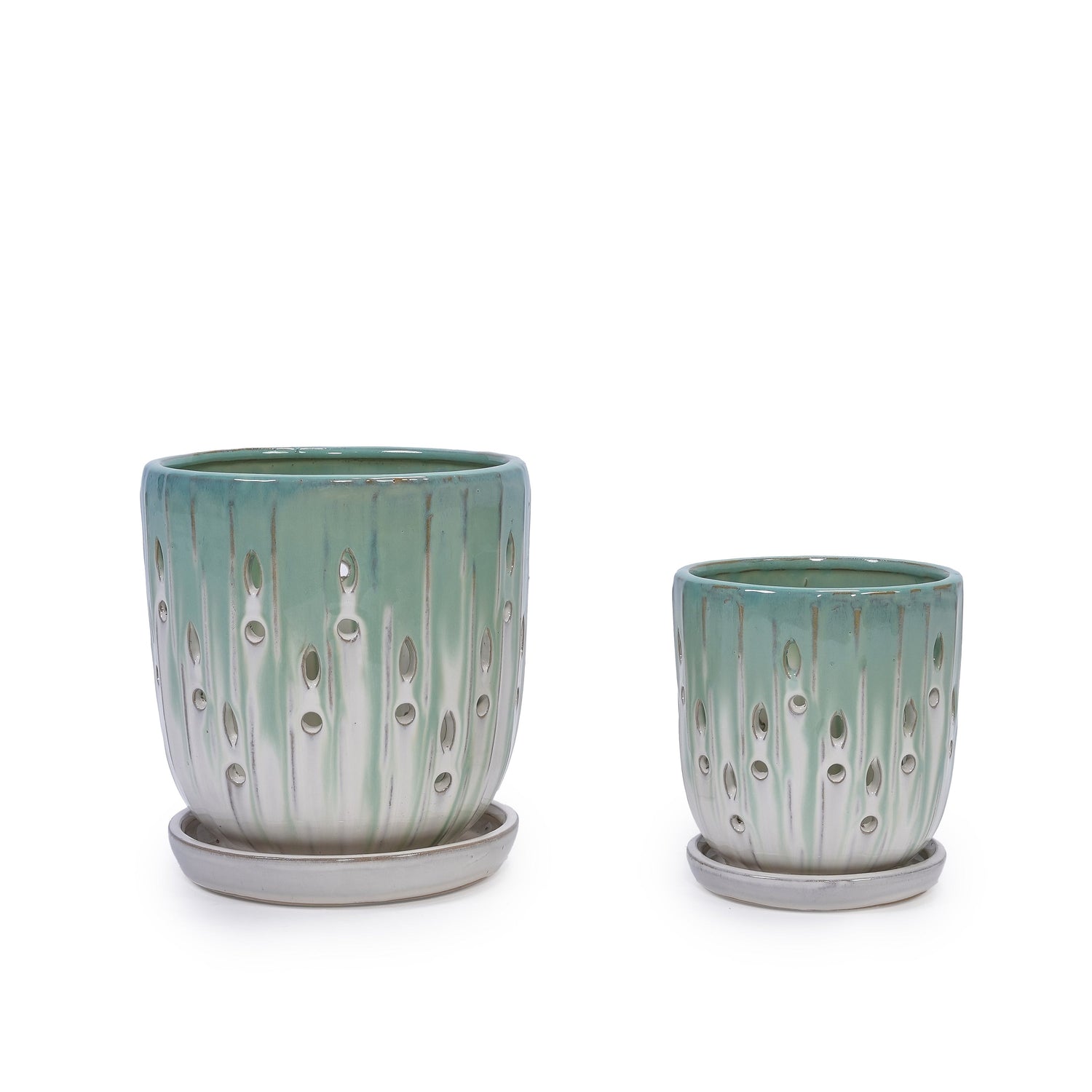 Set of 2 Ceramic Flowerpots - White/Aqua
