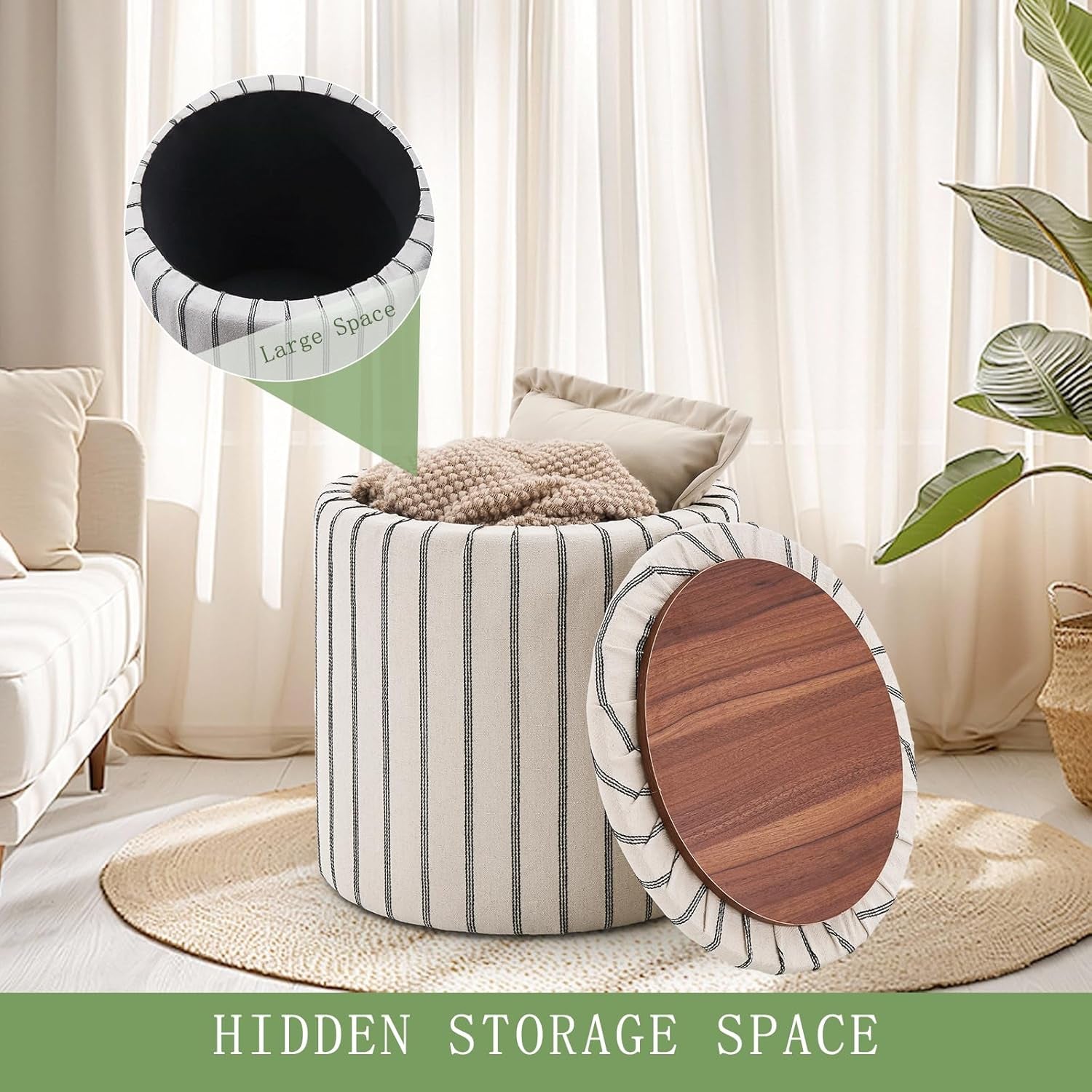 Striped Round Storage Ottoman With Removable Tray