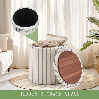 Striped Round Storage Ottoman With Removable Tray