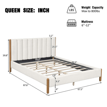 Queen Size Bed Frame with Boucle Upholstered Headboard and Solid Wooden Legs - Off White