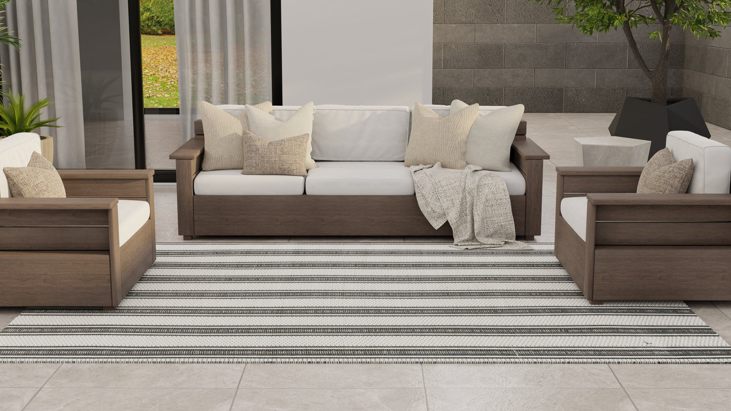 Vertical Stripe Black &amp; Grey Outdoor Mat