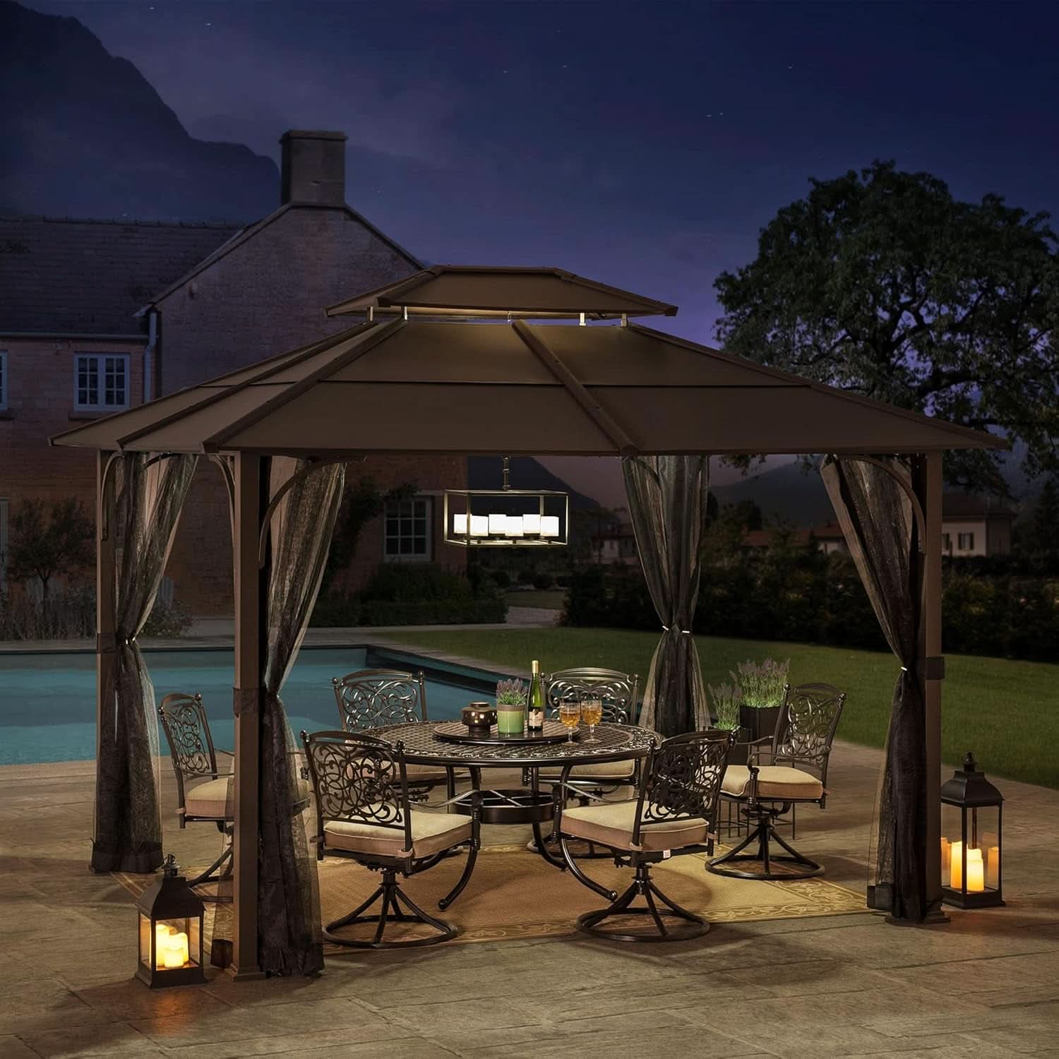 10x12 Dark Brown Hardtop Gazebo With Steel Frame And Netting