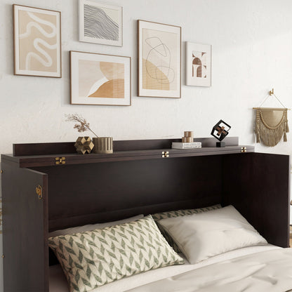 Queen Size Murphy Bed, Pine Wood with Power Station and Rattan Decoration Panel - Espresso