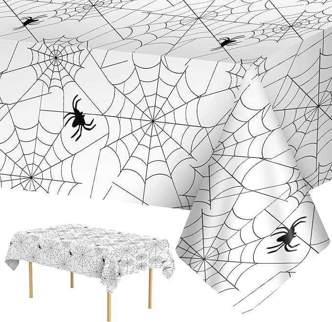Set of 2 Disposable Halloween Spider Web Table Cloths - White, 108 x 54 Inch