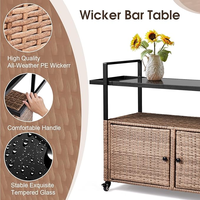 Wicker Outdoor Serving Cart with Storage and Wheels - Medium Brown