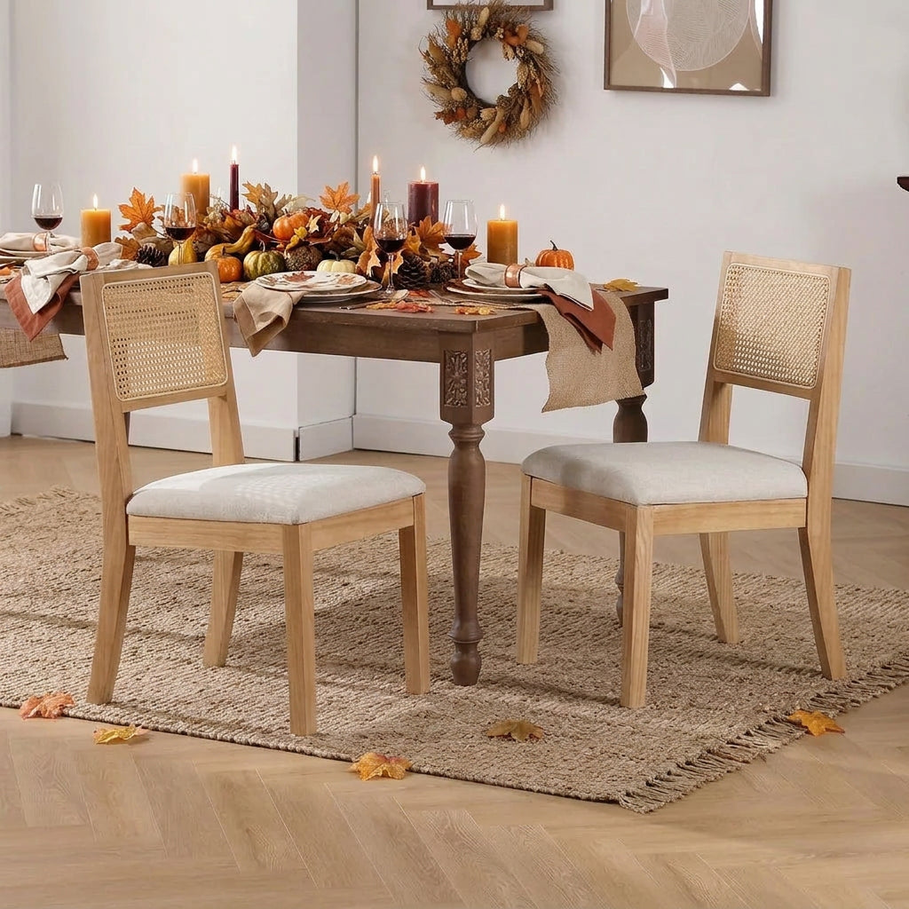 Rattan Dining Room Chairs with Upholstered Cushion, Natural Finish- Set of 6