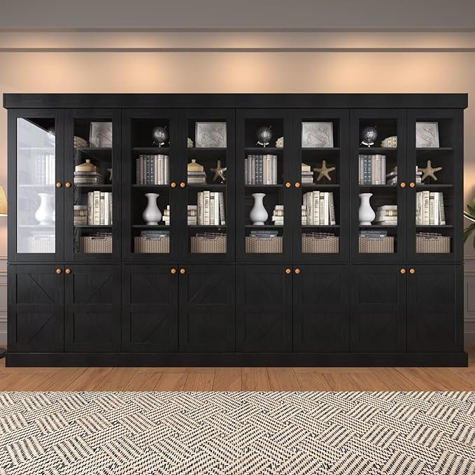 Tall Farmhouse Bookcase with Glass Doors, Set of 4 – Black