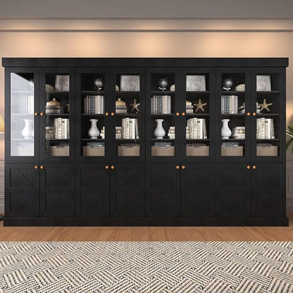 Tall Farmhouse Bookcase with Glass Doors, Set of 4 – Black