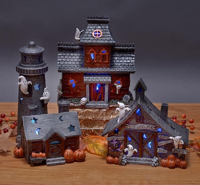 Mark Feldstein &amp; Associates Spooky Halloween Village - Color-Changing Pre-Lit 3 Pc Set