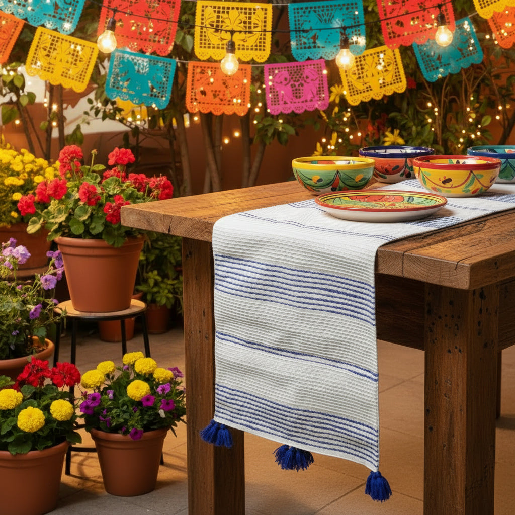 Blue Stripe Cotton Table Runner with Tassels -  16"x 90"