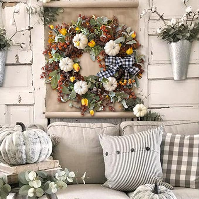 24 inch Farmhouse Fall Wreath with White Pumpkin, Cotton, Lamb&