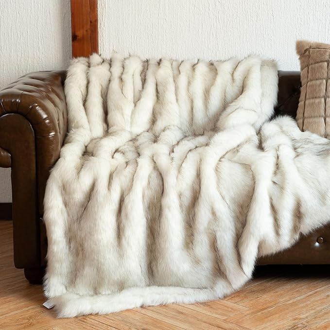 Extra Large Luxury Faux Fur Throw Blanket - Ivory 60 x 80 inch