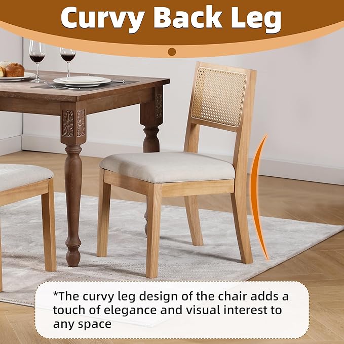 Rattan Dining Room Chairs with Upholstered Cushion, Natural Finish- Set of 6