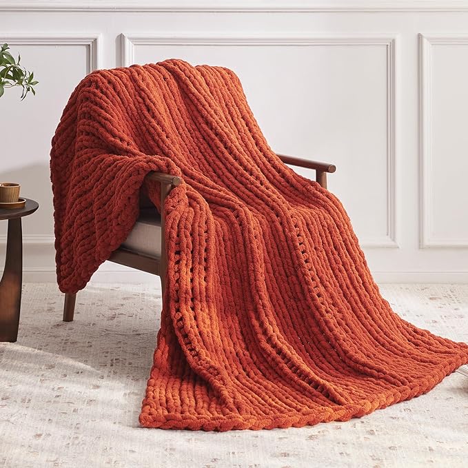Chunky Knit Throw Blanket - Burnt Orange 60 x 80 inch