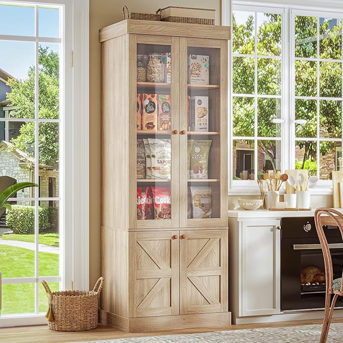 Vyre 71" Tall Farmhouse Bookshelves with Glass Doors, Set of 2 – Natural