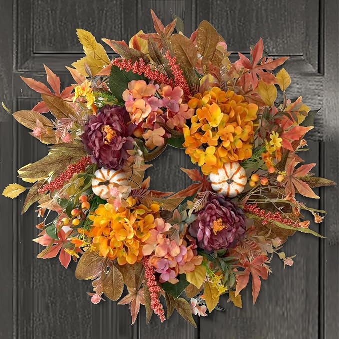 24 Inch Fall Wreath with Hydrangea,Peony and White Pumpkins