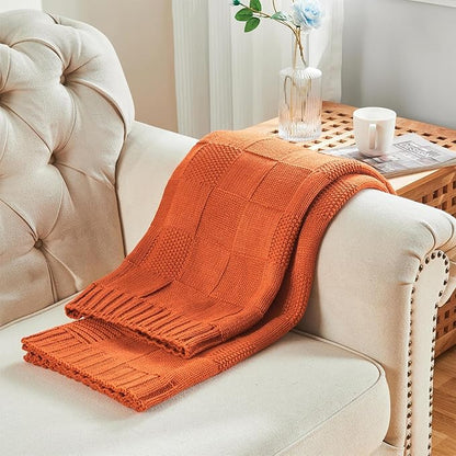 Rust/Orange Checkered Knit Throw Blanket - 50 X 60 inch