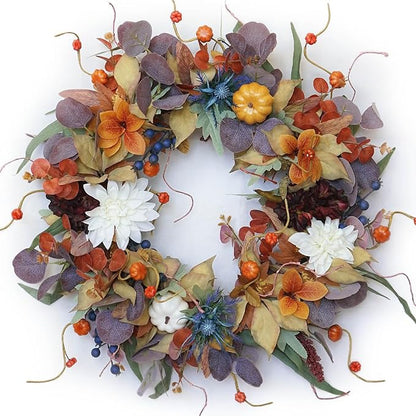 24 Inch Autumn Wreath with Pumpkins, Silk Leaves &amp; Purple Flowers