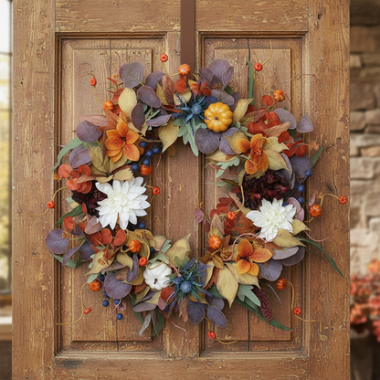 24 Inch Autumn Wreath with Pumpkins, Silk Leaves &amp; Purple Flowers