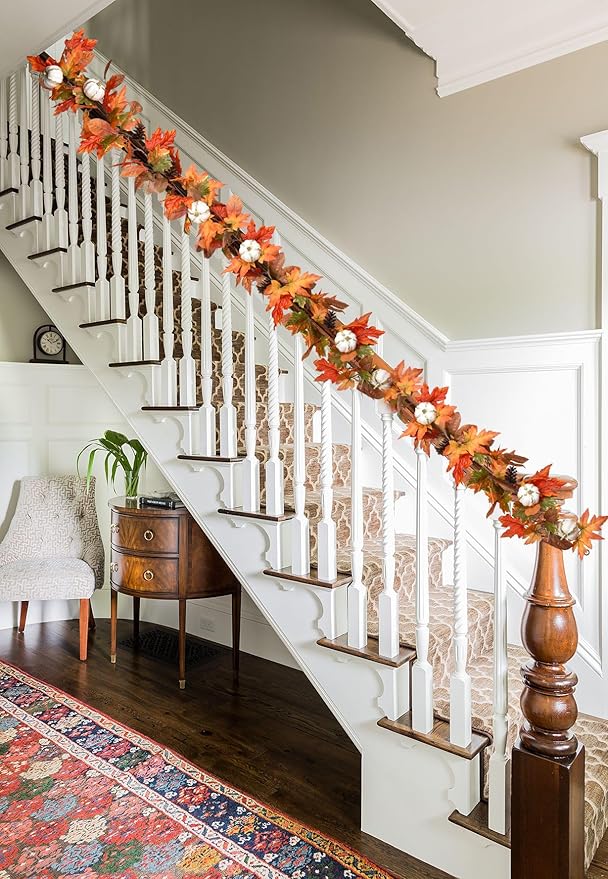 6ft Fall Garland - Orange Leaves/White Pumpkins/Pinecones