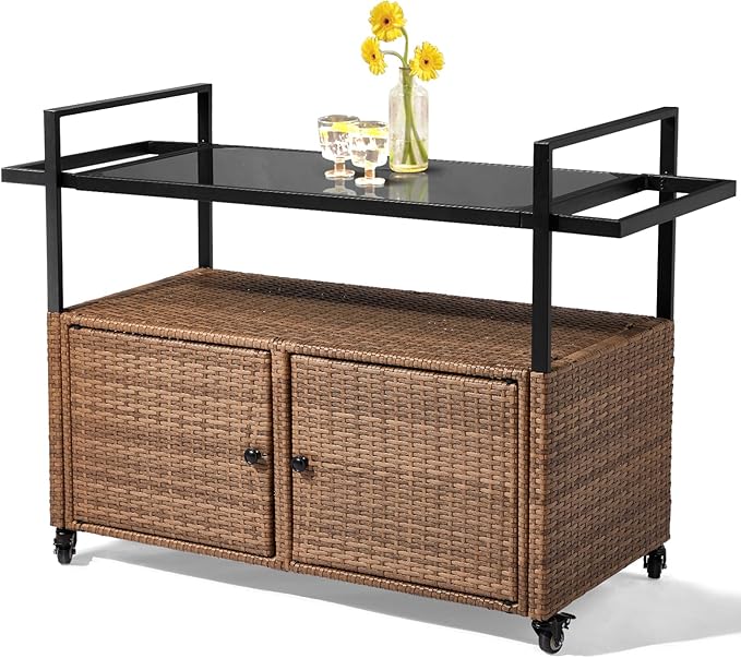 Wicker Outdoor Serving Cart with Storage and Wheels - Medium Brown