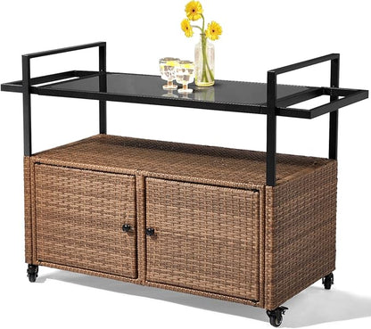 Wicker Outdoor Serving Cart with Storage and Wheels - Medium Brown