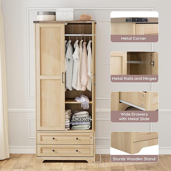 Wooden Armoire Wardrobe Closet - 71 inch, Natural Finish