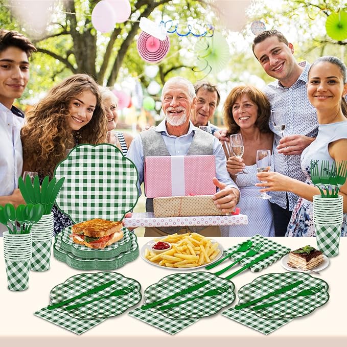 175 Pcs Green Gingham Plates and Napkins Party Supplies -  Serve 25 Guests